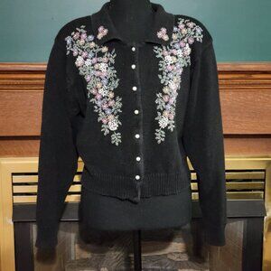 Vintage Black Floral Beaded Collared Knit Cardigan Pearl Buttons Size Large